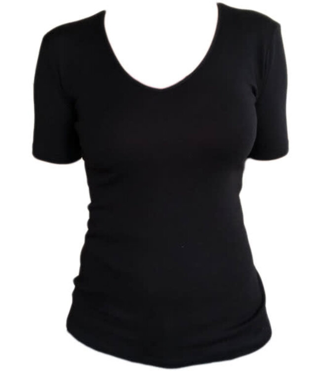 Hocosa shirt korte mouw wol zijde v-hals ZWART dames