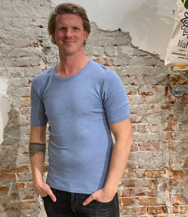 HOCOSA shirt korte mouw wol zijde heren JEANS MELANGE