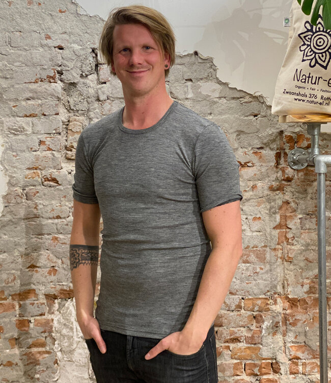 HOCOSA shirt korte mouw wol zijde heren GRIJS MELANGE