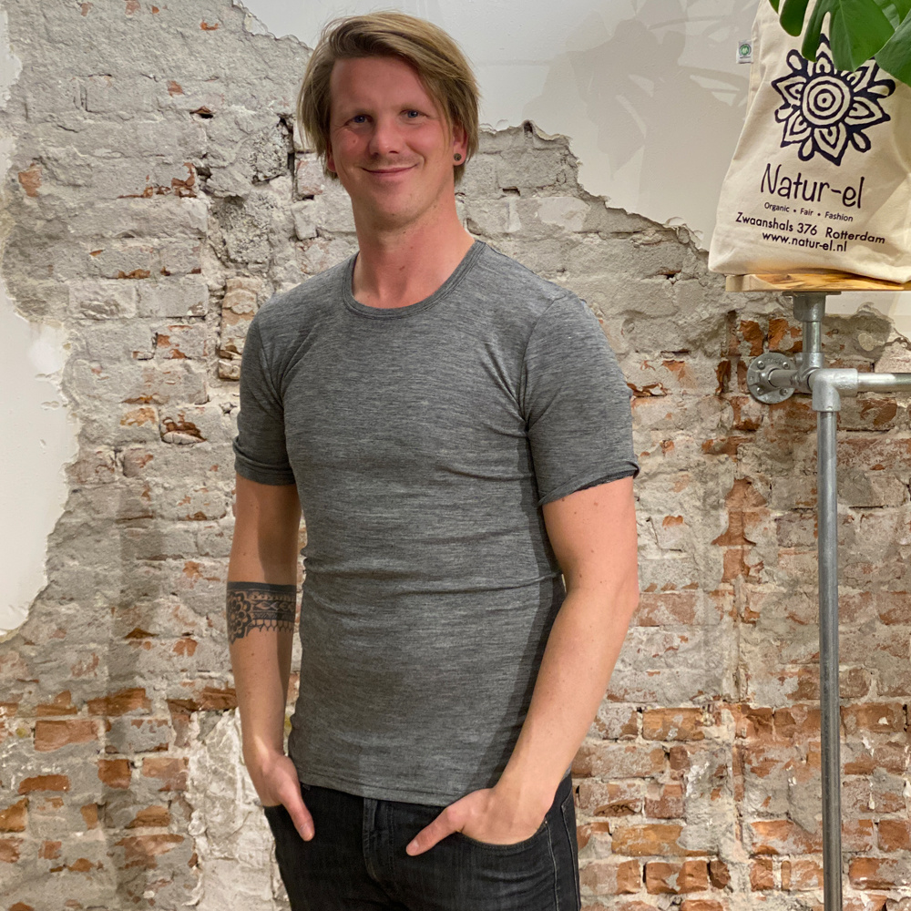 Hocosa shirt korte mouw wol zijde heren Grijs Natur el