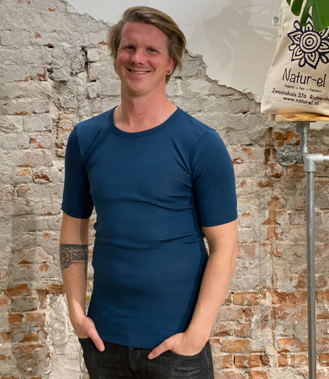 Living crafts - wol zijde shirt heren korte mouw * Petrol *