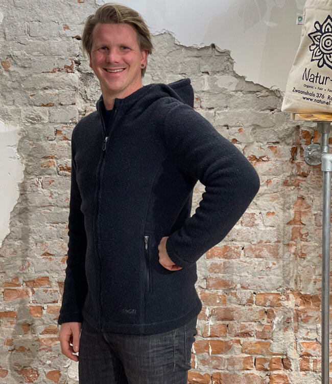 ENGEL Wollen jas vest heren wolfleece capuchon ZWART
