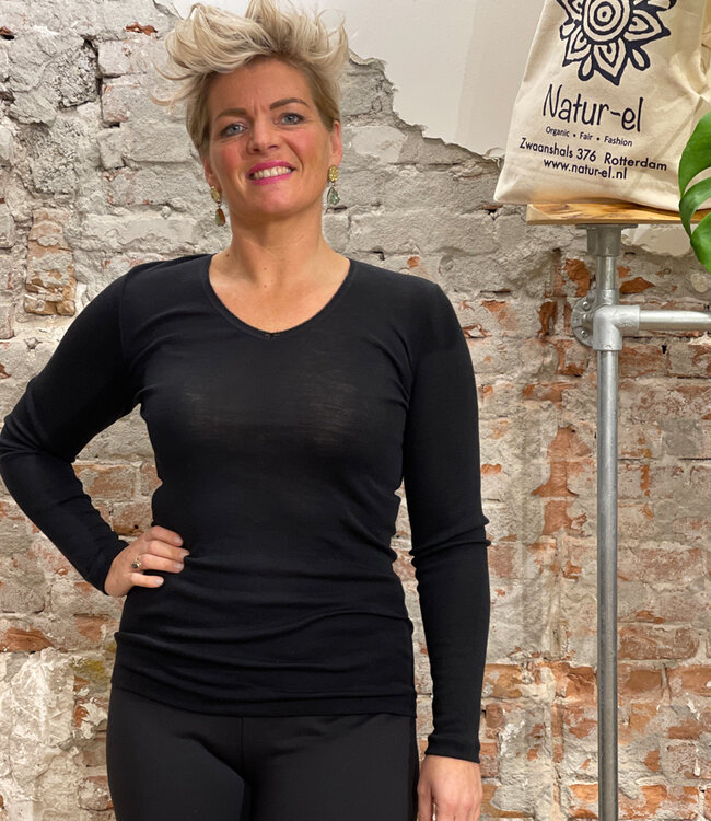 Living Crafts wol zijde longsleeve V-HALS dames * zwart *