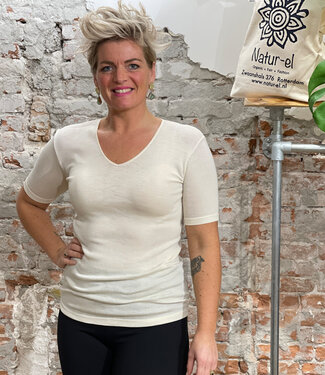 Hocosa Hocosa shirt korte mouw wol zijde v-hals NATUREL dames