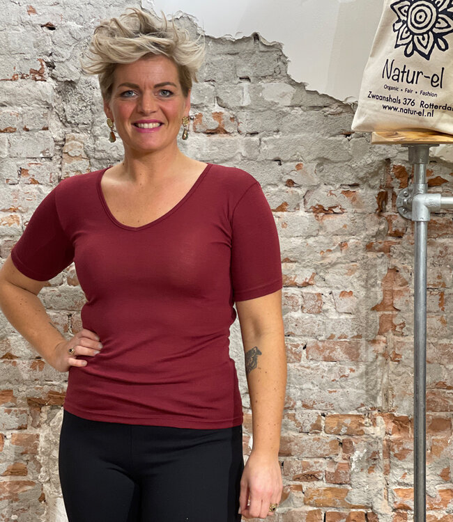 Hocosa shirt korte mouw wol zijde v-hals BORDEAUX dames