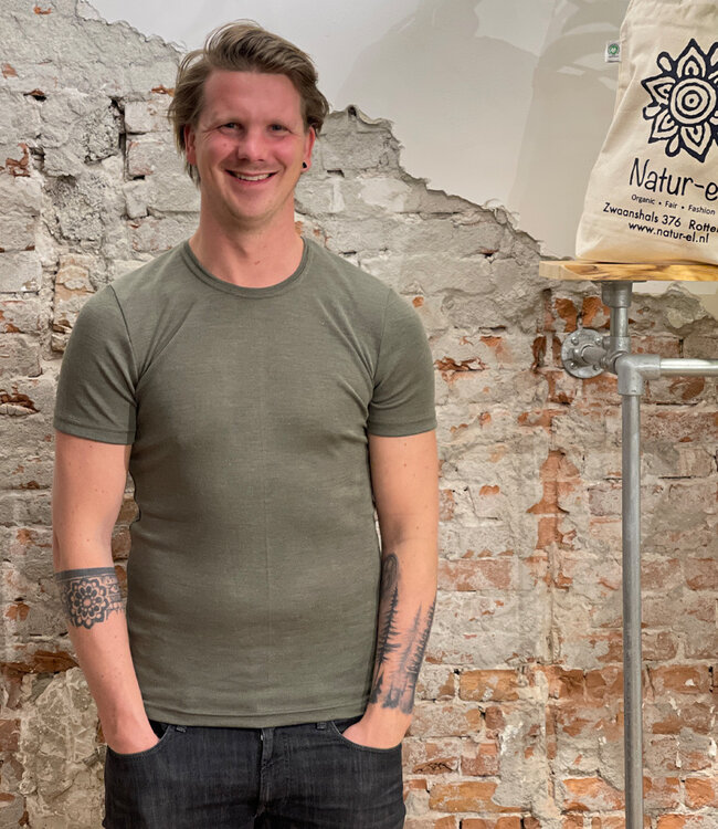 ENGEL Wol zijde shirt korte mouw heren wollen ondergoed OLIJF