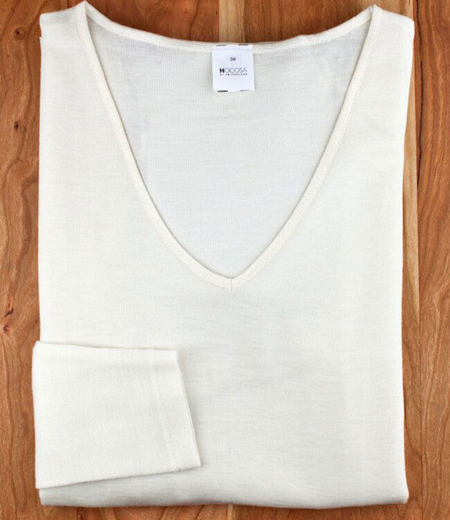 HOCOSA longsleeve wol zijde dames v-hals NATUREL