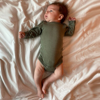 Engel ENGEL baby romper wol zijde met LANGE MOUW effen OLIJF