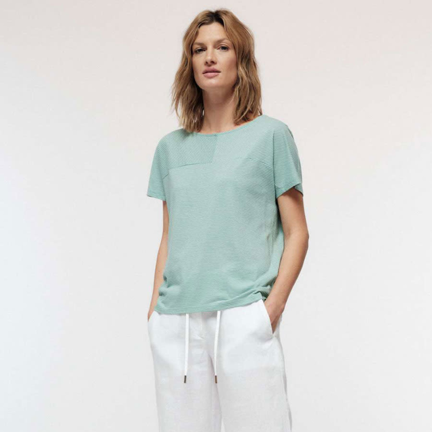 slim kubus val LANIUS gestreept shirt met kapmouw DANA GREEN & WHITE | Natur-el - Natur-el