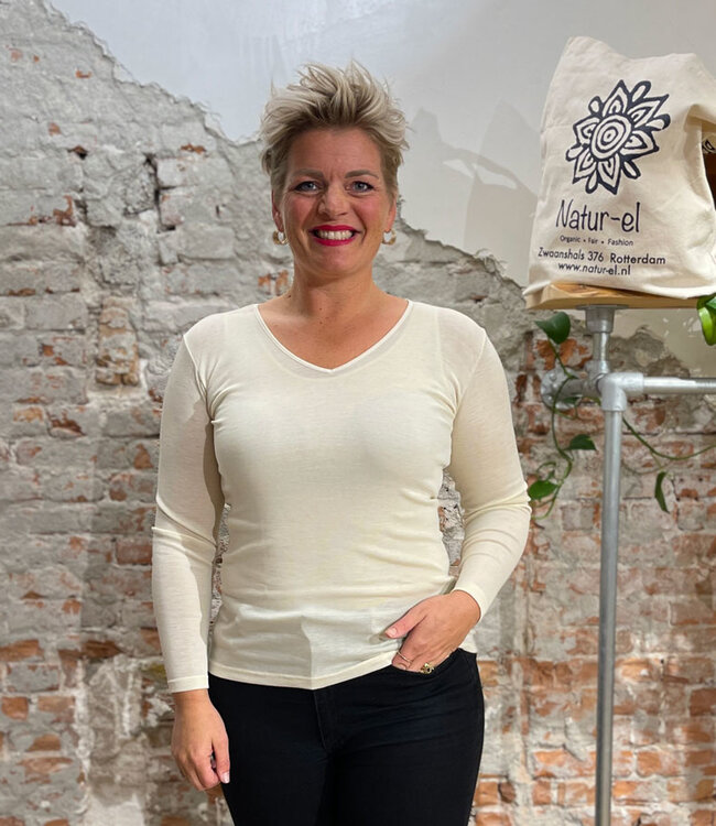 HOCOSA longsleeve wol zijde dames v-hals NATUREL