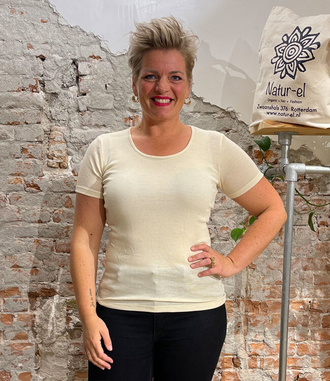 ENGEL Wol zijde dames shirt met korte mouw NATUREL wollen ondergoed