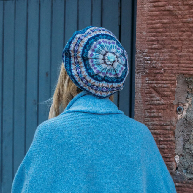 ERIBÉ merino wollen BARET 100% wol fairisle BLUE IRIS