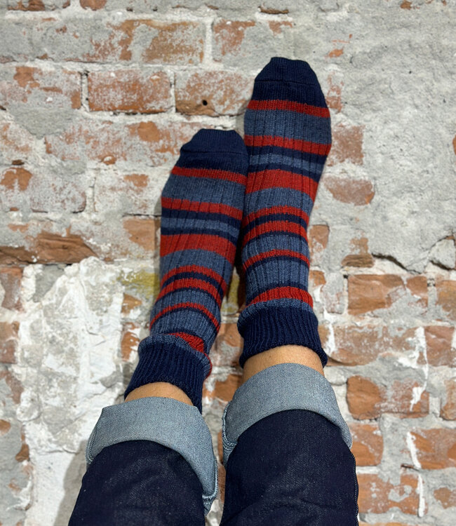HIRSCH pure wollen sokken gestreept ROOD BLAUW 067 197