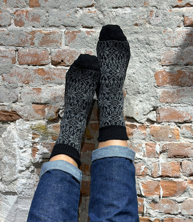 HIRSCH NATUR Noorse pure wollen sokken ZWART GRIJS 030 83