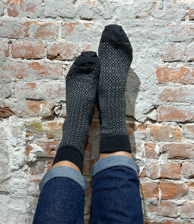 HIRSCH pure wollen DUNNE sokken JAQUARD zwart grijs 158 12