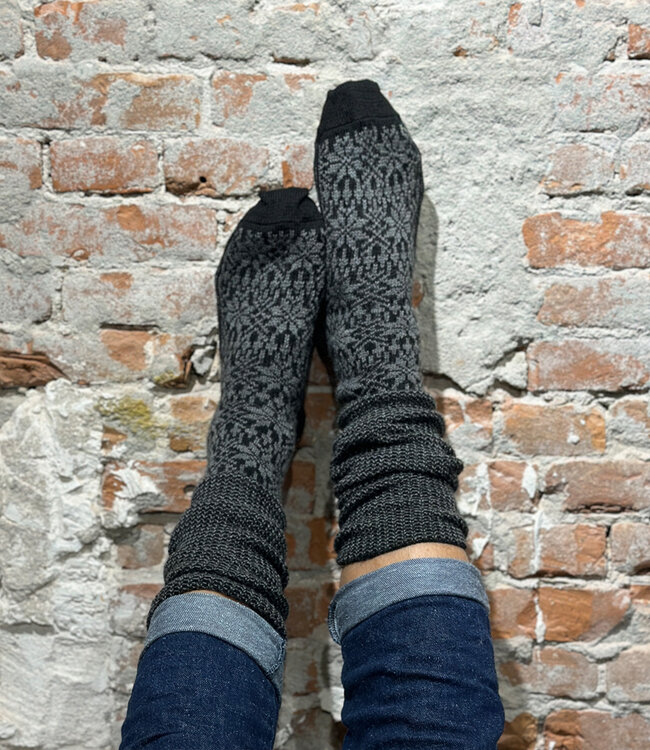 HIRSCH NATUR wollen Noorse KNIEKOUSEN ZWART GRIJS 430 83