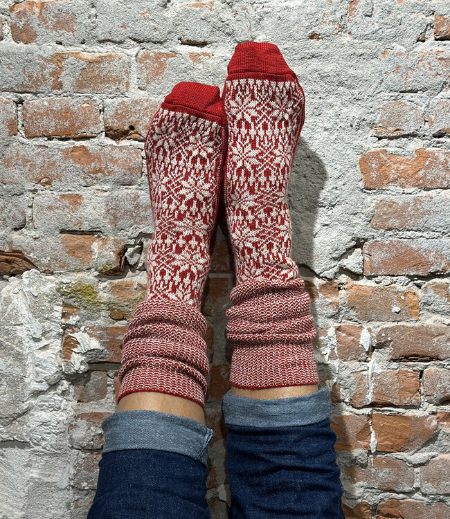 HIRSCH NATUR wollen Noorse KNIEKOUSEN rood wit 430 36