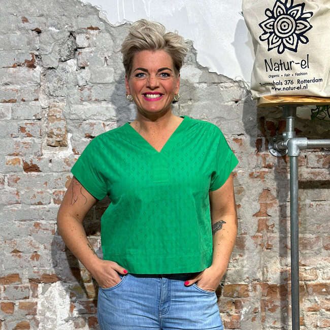 MADNESS v-hals blouse top DOBBY GREEN biologisch katoen