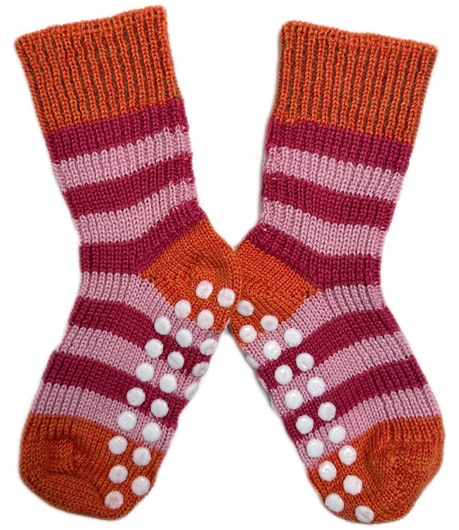 HIRSCH wollen ANTISLIP sokken BABY gestreept 015s 196 PINK ORANGE