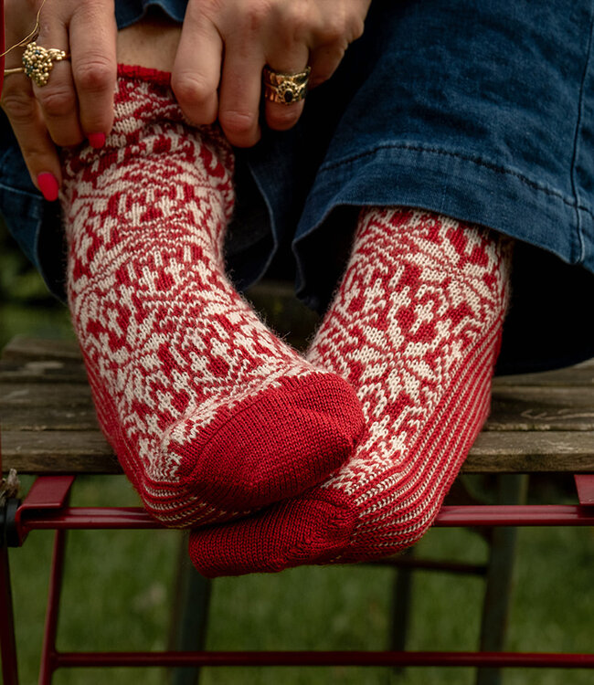 Hirsch Natur Noorse wollen sokken ROOD WIT 030 36