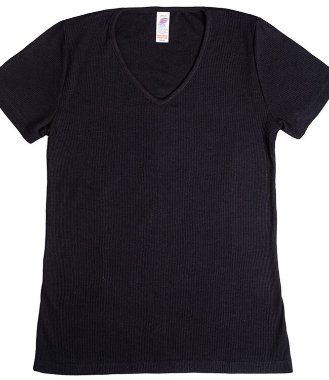 ENGEL Wol zijde dames shirt korte mouw ZWART RIB limited