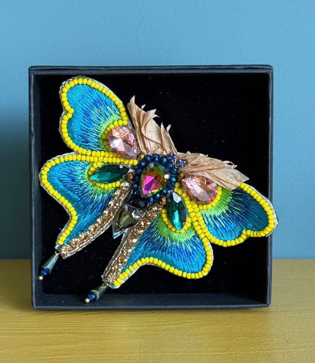FAIRTRADE broche VLINDER GROEN GEEL met pailetten en kralen
