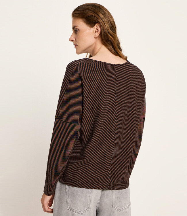 LANIUS gestreept v-hals shirt KATO CINNAMON BLACK