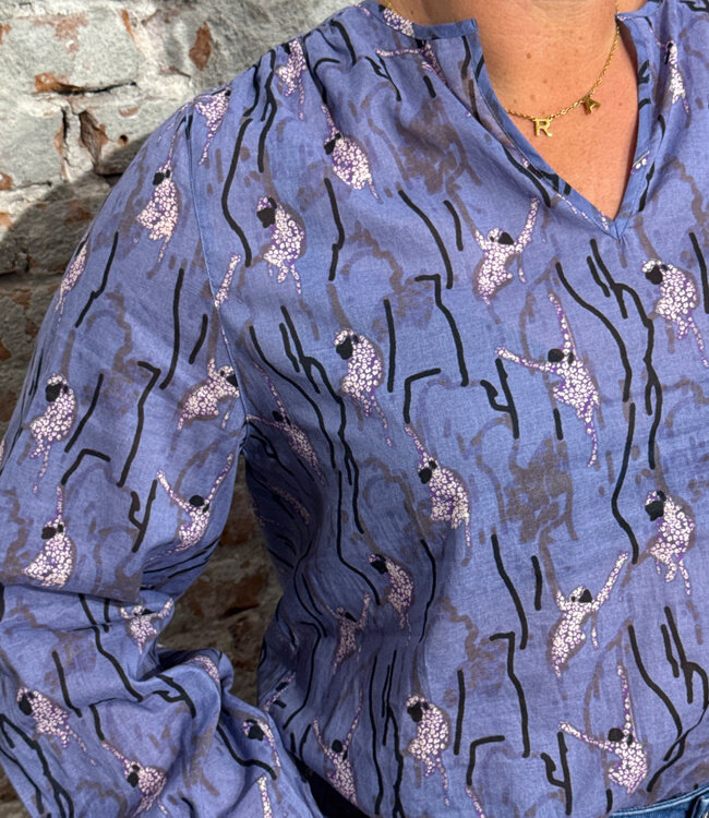 LANIUS blouse met plooien MONKEY BLUE biologisch katoen