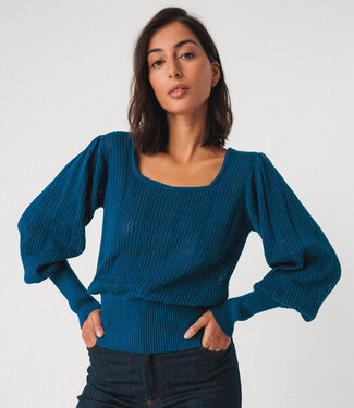 SKFK SKFK vierkante hals ajour trui DUDEA OXFORD BLUE biokatoen