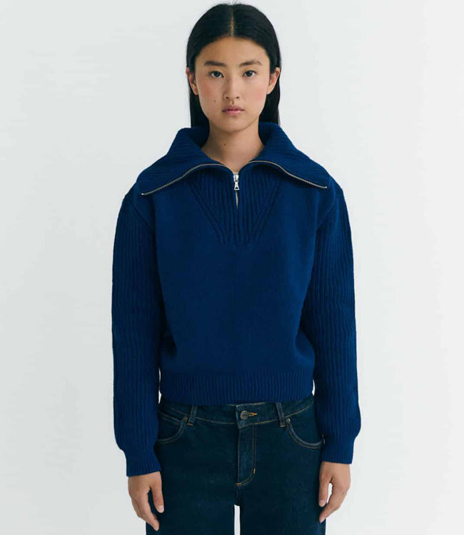 THINKING MU troyer trui TANIT NAVY met rits van pure wol