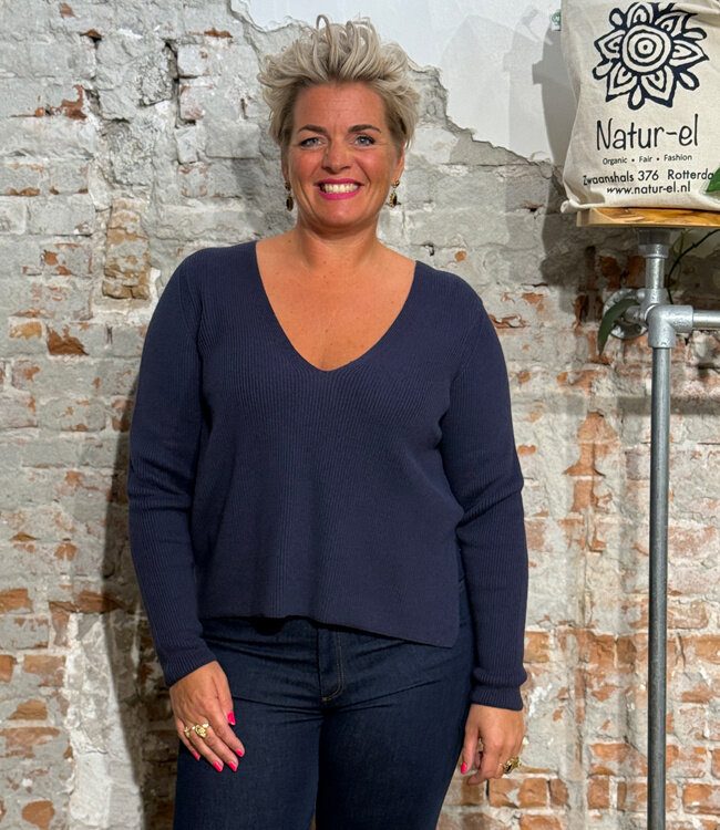 THINKING MU wollen v-hals trui ALOMA NAVY katoen cashmere