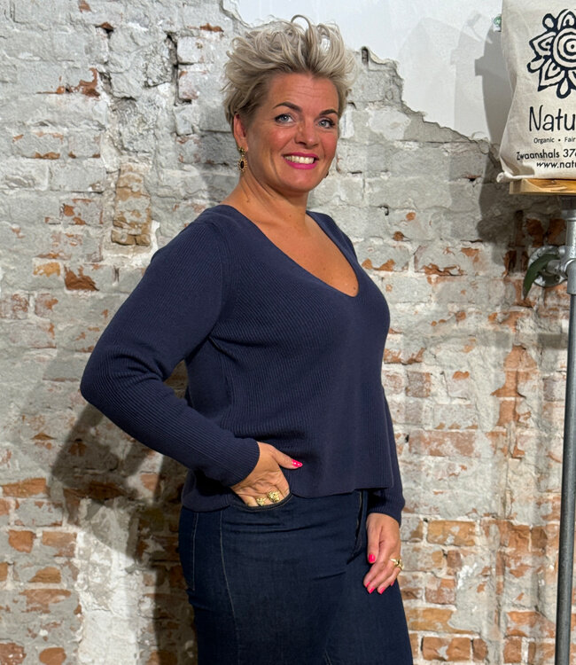 THINKING MU wollen v-hals trui ALOMA NAVY katoen cashmere