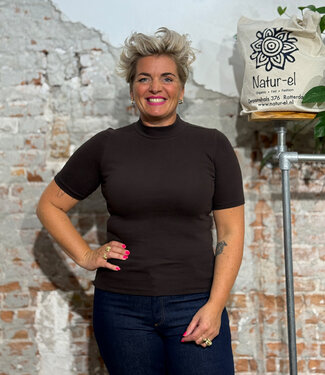 KnowledgeCottonApparel Rib shirt met opstaande kraag ANA CHOCOLATE biologisch katoen