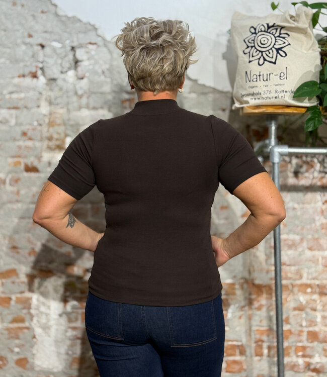 Rib shirt met opstaande kraag ANA CHOCOLATE biologisch katoen