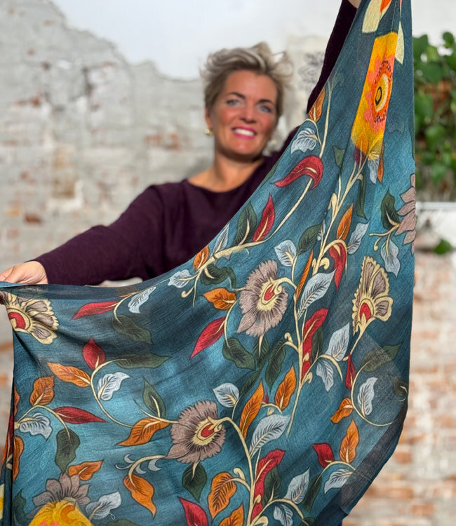 HIMALAYA wol zijde sjaal met print PETROL FLOWERS