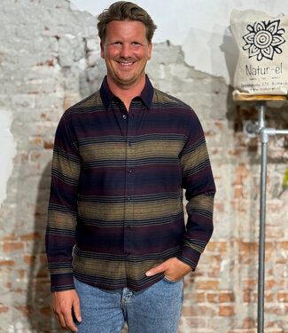 KnowledgeCottonApparel Gestreept overhemd flanel MIK NAVY biologisch katoen KCA