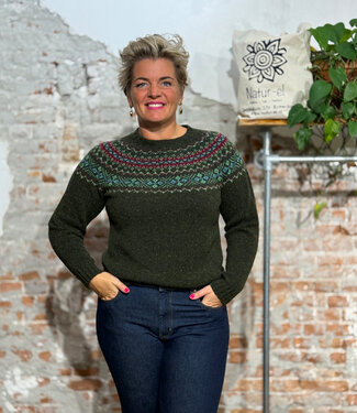 Harley of Scotland HARLEY Wollen fairisle trui LOU GREEN van pure wol