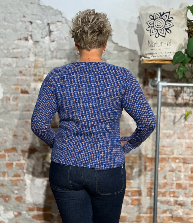 TRANQUILLO v-hals trui ZARA BLUE met print biologisch katoen