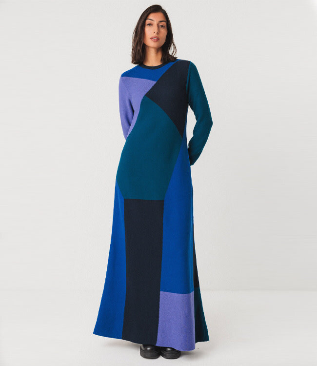 SKFK lange gebreide jurk BEDIA BLUES van biologisch katoen