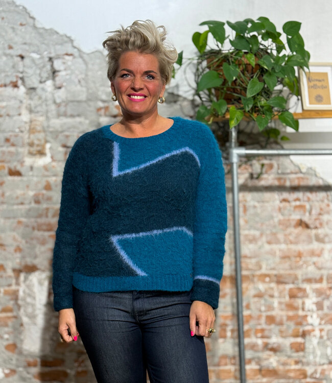 ALMA & LOVIS fluffy wollen alpaka trui PETROL JAQUARD