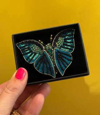 FAIRTRADE broche VLINDER PETROL met pailetten en kralen