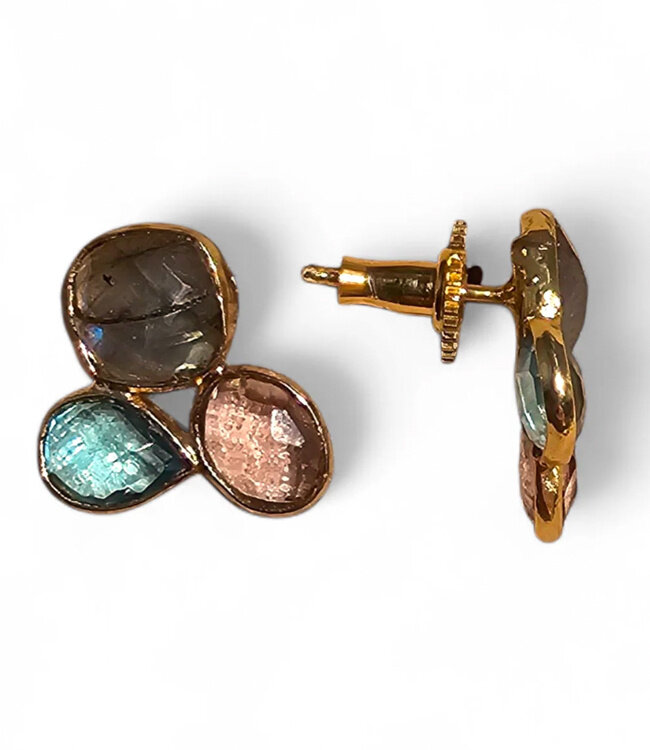Oorbellen verguld met labadoriet en hydrokwarts TRIOCOLOR