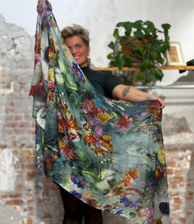 Sjaal met print van pure merinowol BLOEMEN 4 EVER fairtrade