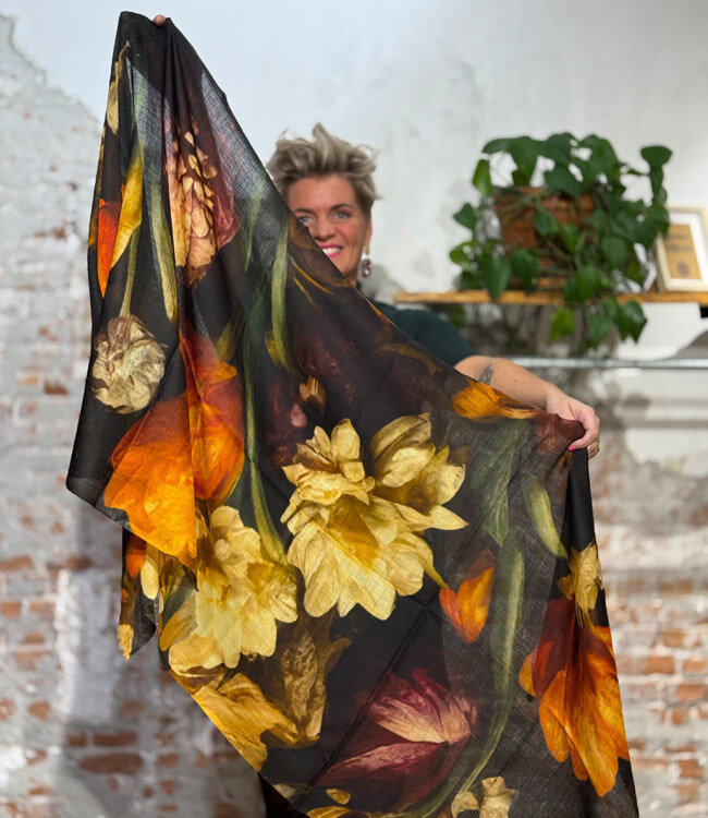 Sjaal met print van pure merinowol SEPIA FLOWERS fairtrade