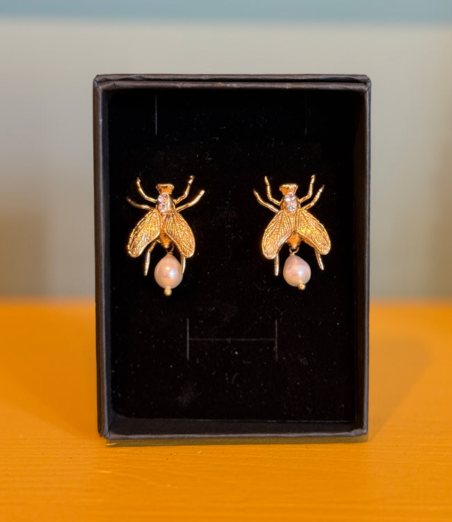 Fairtrade Oorbellen oorstekers FLY zirkonia 25k verguld met parel