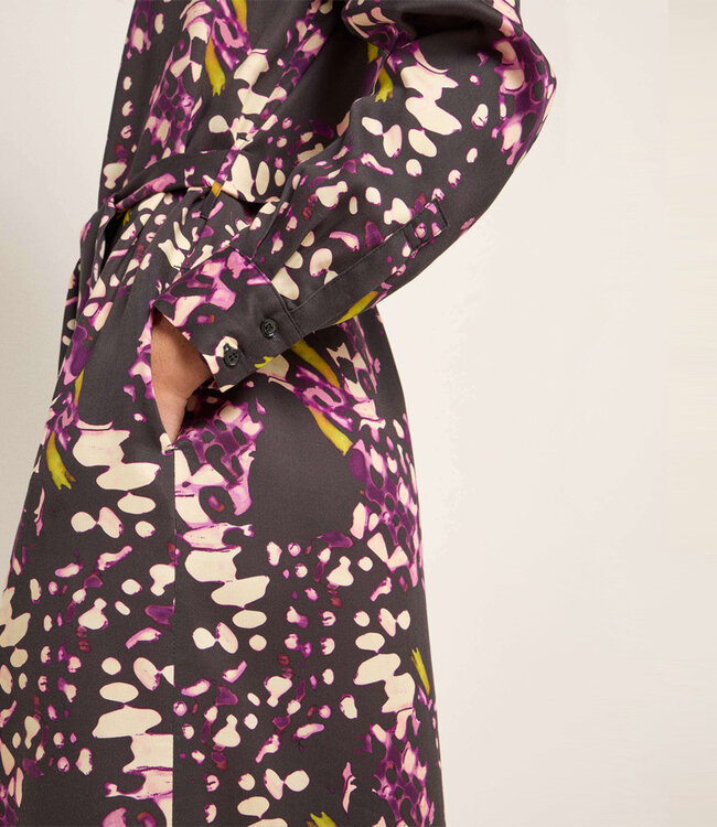 LANIUS  midi Jurk BUTTERFLY print van tencel met ceintuur