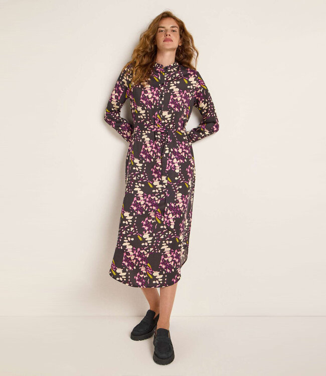 LANIUS  midi Jurk BUTTERFLY print van tencel met ceintuur