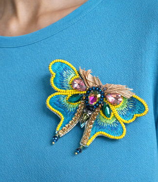 FAIRTRADE broche VLINDER GROEN GEEL met pailetten en kralen