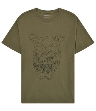 KnowledgeCottonApparel T-shirt met print TIM SKETCH OWL OLIVE biologisch katoen KCA