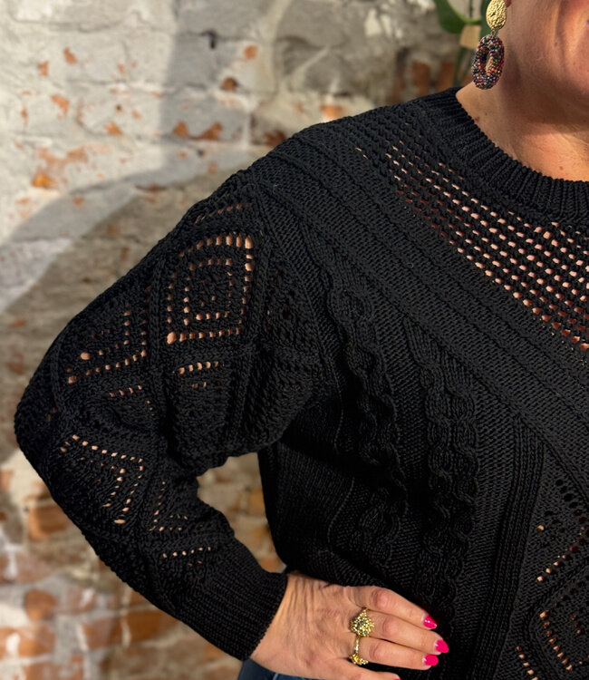 LANIUS wijde batwing trui AJOUR ONYX van biologisch katoen